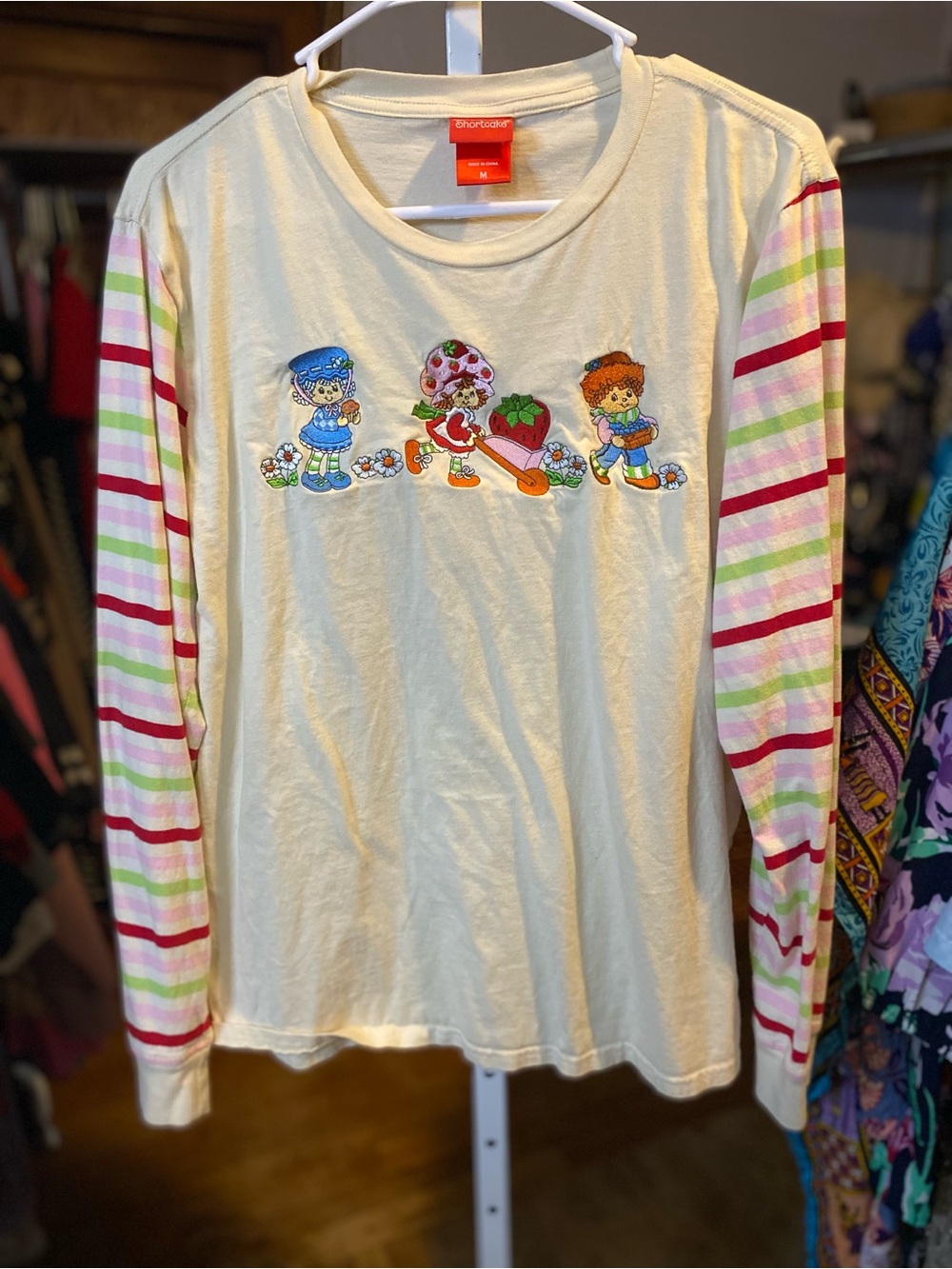 Shortcake Cream Long-Sleeve Tee with Pink & Green Striped Sleeves - Picture 1 of 6